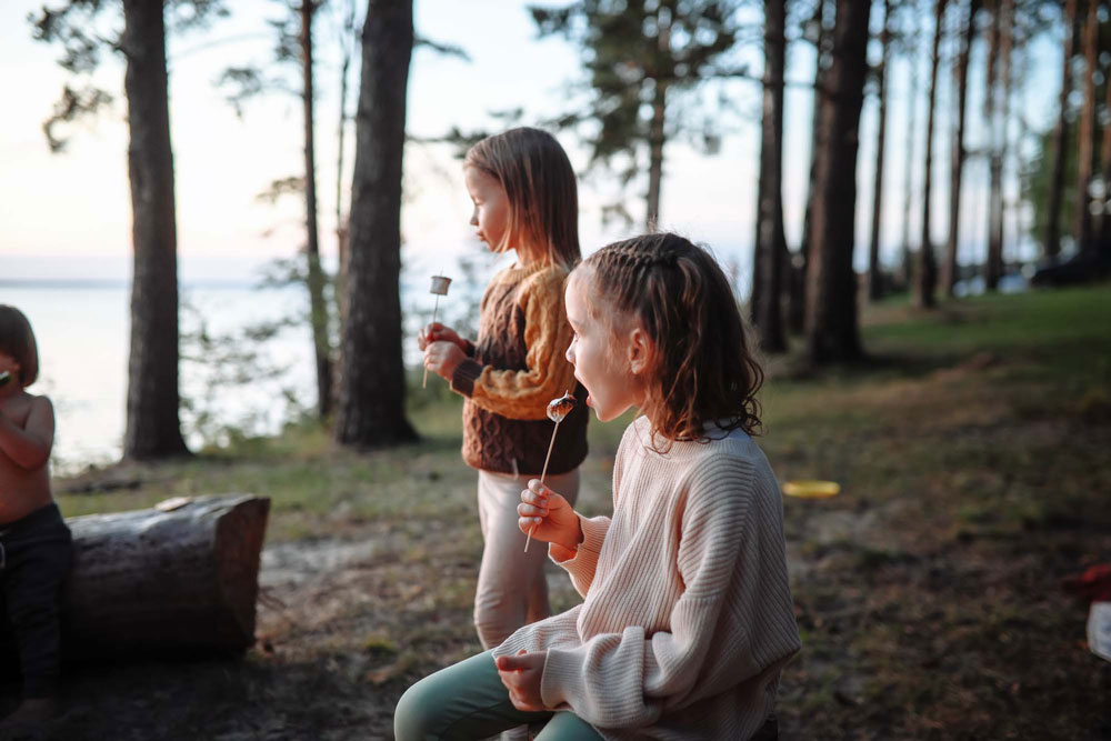 Ett gäng barn grillar marshmellows